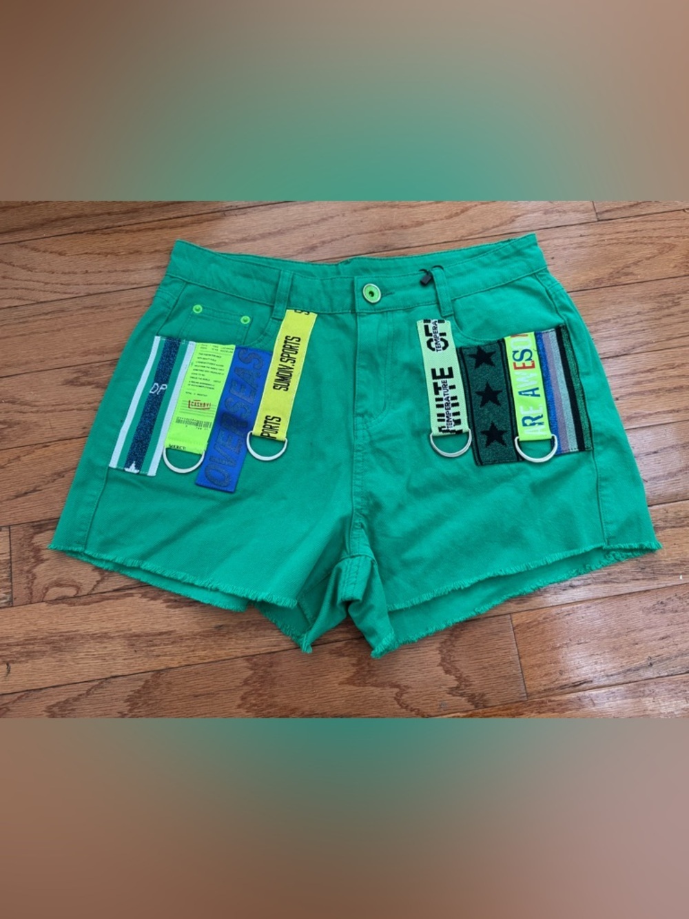 Green Denim Shorts with Decorative Webbing